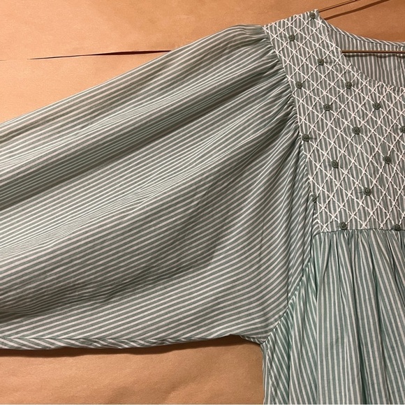 Kopal | The Zeenat Dress Smocked Rosette Bib Popover Sea Green Stripe Size L - Picture 7 of 15